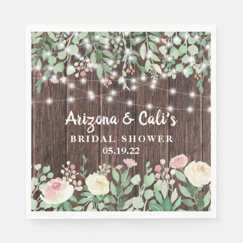 Rustic Wood Blush Floral Lights Bridal Shower Napkins