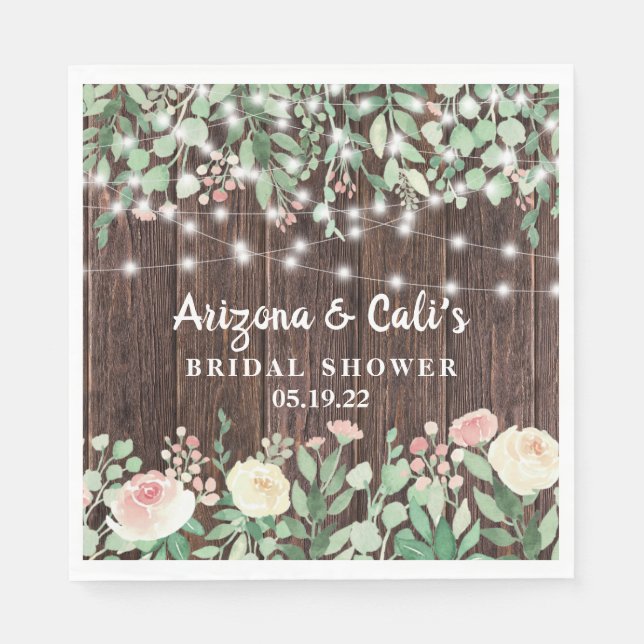 Rustic Wood Blush Floral Lights Bridal Shower Napkins (Front)