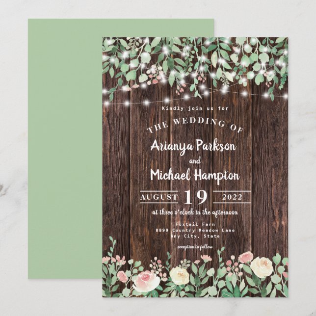 Rustic Wood Blush Floral Lights Wedding Invitation (Front/Back)