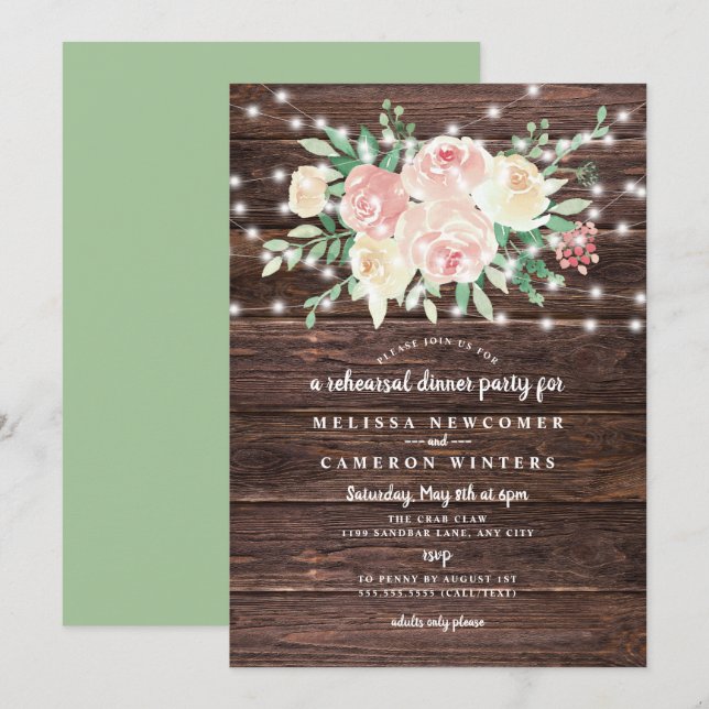 Rustic Wood Blush Floral rehearsal dinner Invitation (Front/Back)