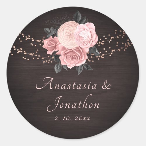 Rustic Wood Blush Floral String Lights Wedding Classic Round Sticker