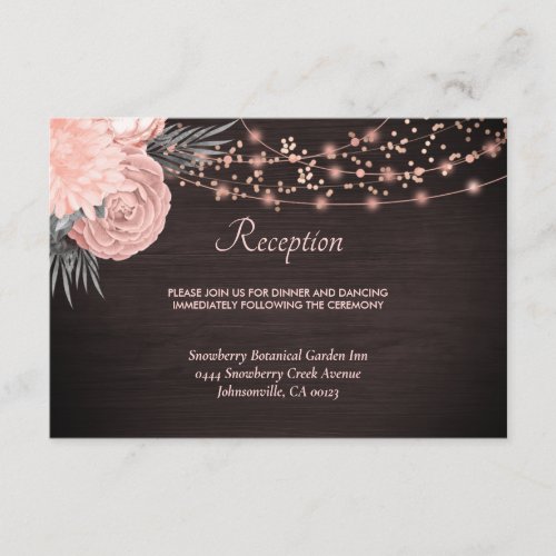 Rustic Wood Blush Floral String Lights Wedding Enclosure Card