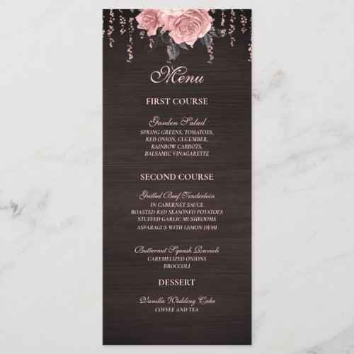 Rustic Wood Blush Floral String Lights Wedding Menu