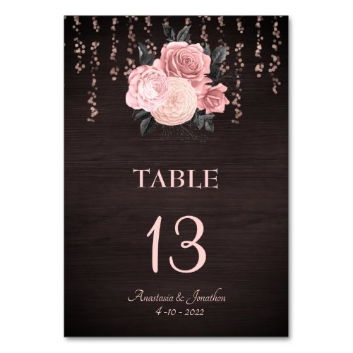 Rustic Wood Blush Floral String Lights Wedding Table Number