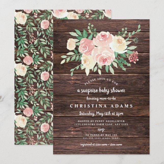 Rustic Wood Blush Floral surprise baby shower Invitation (Front/Back)