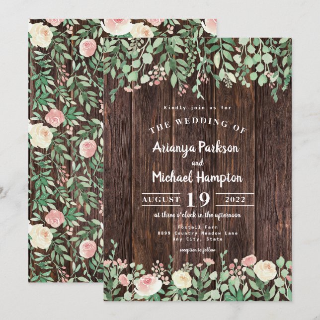 Rustic Wood Blush Floral Wedding Invitation (Front/Back)