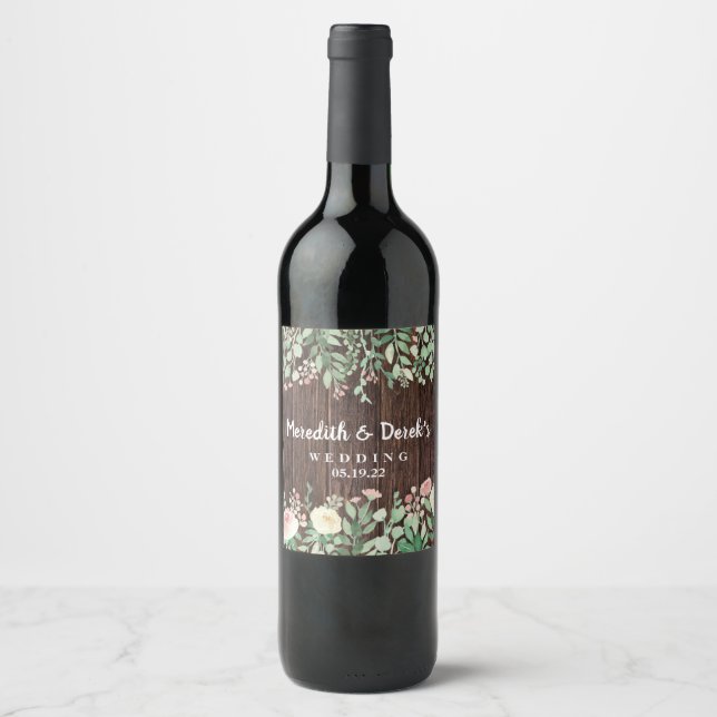 Rustic Wood Blush Floral wedding wine label (Front)