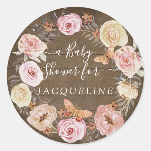 Rustic Wood Blush Floral Wreath w Butterflies Classic Round Sticker