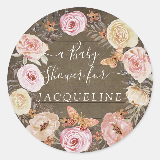 Rustic Wood Blush Floral Wreath w Butterflies Classic Round Sticker (Front)