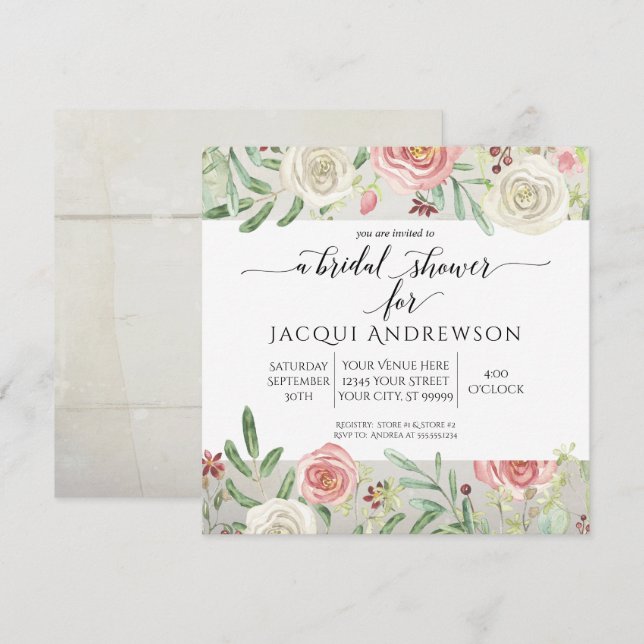 Rustic Wood Blush Ivory Rose Floral Bridal Shower Invitation (Front/Back)