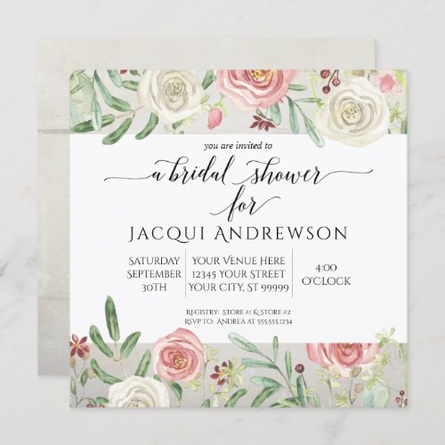 Rustic Wood Blush Ivory Rose Floral Bridal Shower Invitation