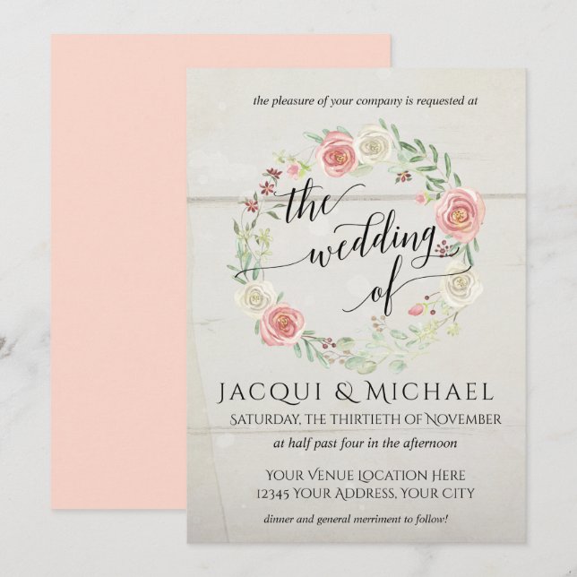 Rustic Wood Blush Ivory Roses Leaf Wreath Wedding Invitation (Front/Back)