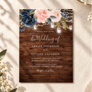 Rustic Wood Blush Navy Floral Lights Wedding Invitation