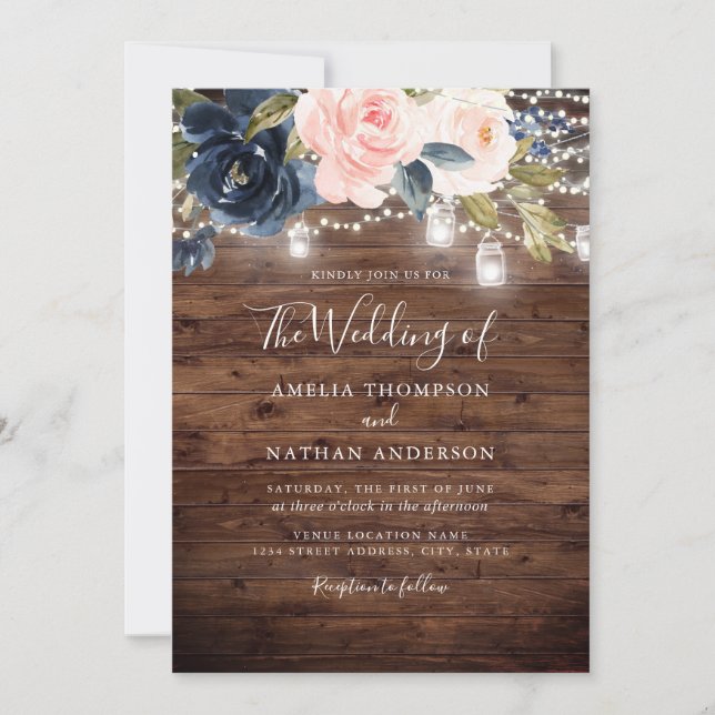 Rustic Wood Blush Navy Floral Lights Wedding Invitation (Front)