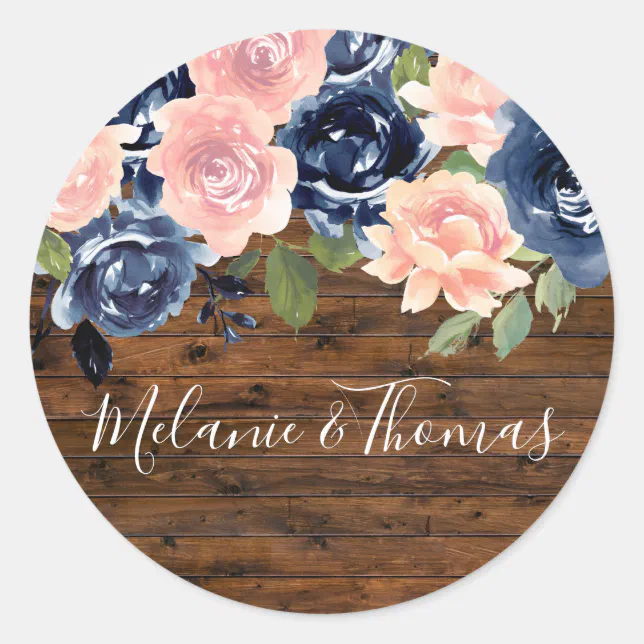 Rustic Wood Blush & Navy Wedding Engagement Party Classic Round Sticker ...