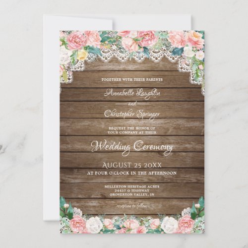 Rustic Wood Blush Pink Floral and Lace Wedding Invitation