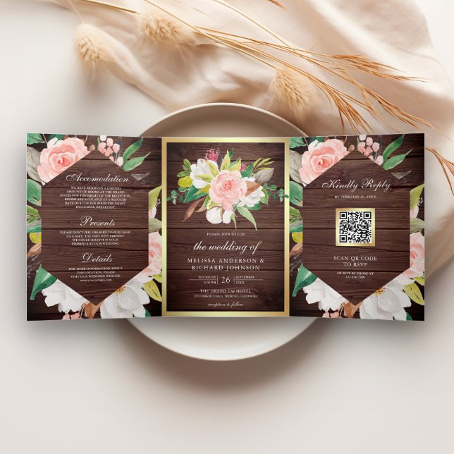 Rustic Wood Blush Pink Floral Gold QR Code Wedding Tri-Fold Invitation (Creator Uploaded)