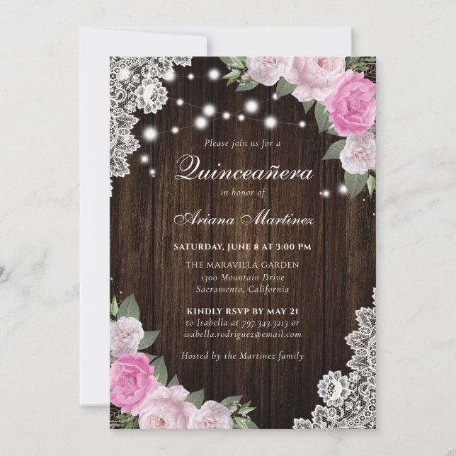 Rustic Wood Blush Pink Floral Quinceañera Invitation (Front)