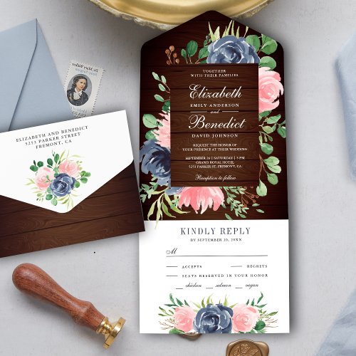 Rustic Wood Blush Pink Navy Blue Floral Wedding All In One Invitation