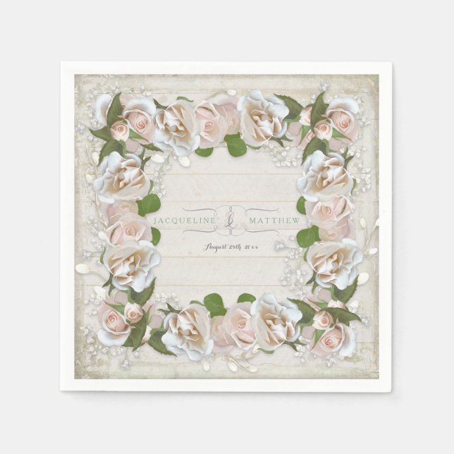 Rustic Wood Blush Pink Wild Rose Floral Art Wreath Napkins (Front)