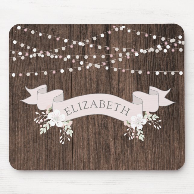 Rustic wood blush ribbon monogram mouse pad (Front)