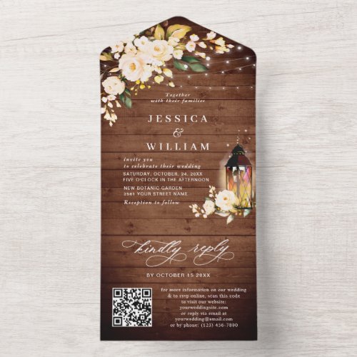 Rustic Wood Blush Roses Wedding QR code All In One Invitation