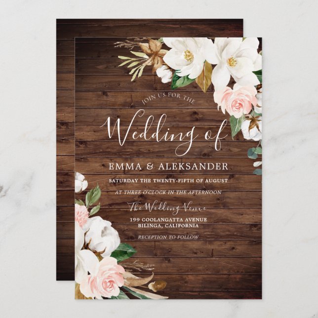 Rustic Wood Blush & White Flowers Wedding Invitation (Front/Back)