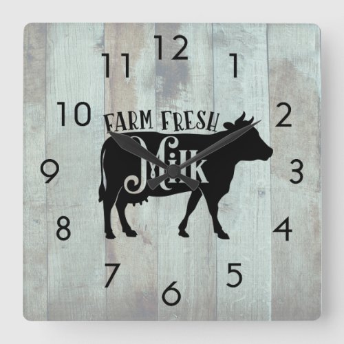 Rustic Wood Boards Cow Silhouette Farm Fresh Milk Square Wall Clock