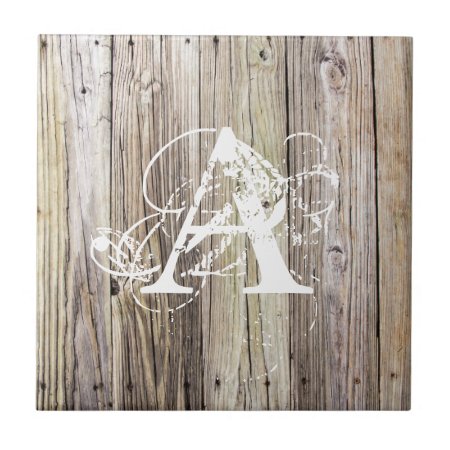 Rustic Wood Boards With Shabby Chic Monogram Ceramic Tile