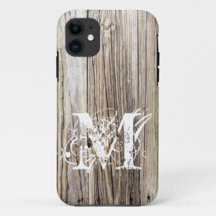 Rustic Wood Boards with Shabby Chic Monogram Otter iPhone 11 Case