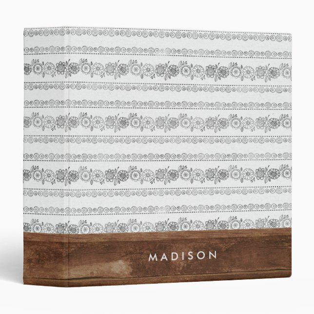 Rustic Wood Bohemian Boho Chic Floral White Modern 3 Ring Binder (Front/Spine)
