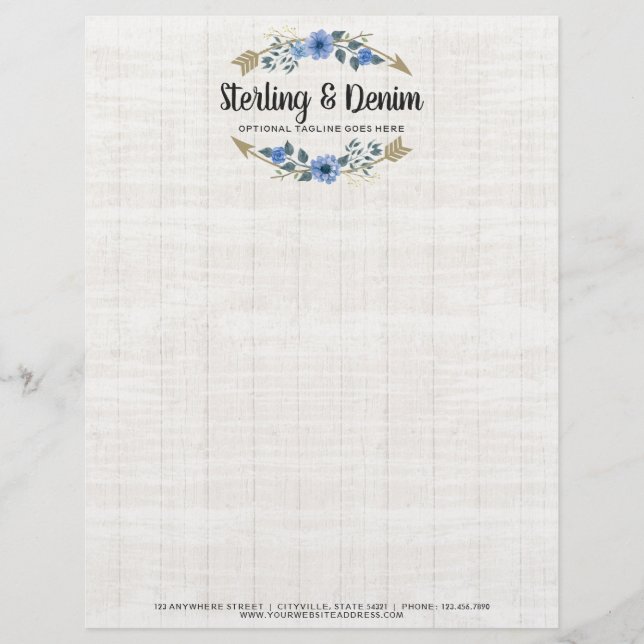 Rustic Wood & Bohemian Watercolor Floral Arrows Letterhead (Front)