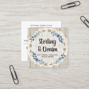 Rustic Wood & Bohemian Watercolor Floral Arrows Square Business Card