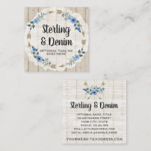 Rustic Wood & Bohemian Watercolor Floral Arrows Square Business Card