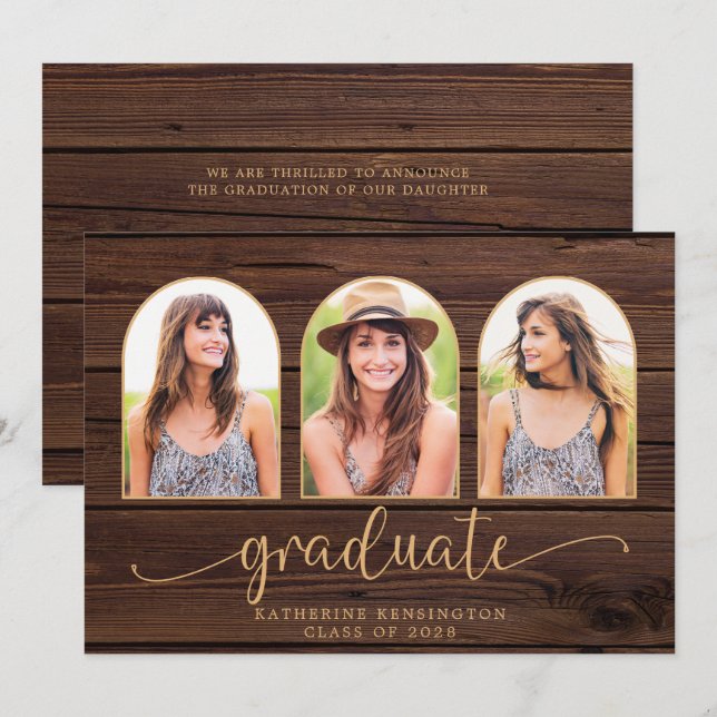 Rustic Wood Boho Arch Gold 3 Photo Graduation Invitation (Front/Back)