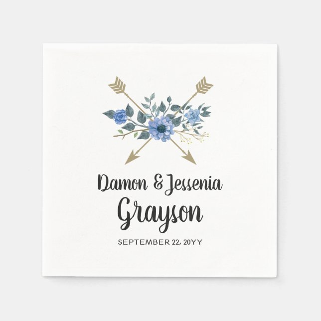 Rustic Wood Boho Arrows & Blue Floral Wedding Napkins (Front)