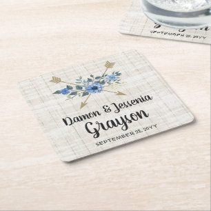 Rustic Wood Boho Arrows & Blue Floral Wedding Square Paper Coaster