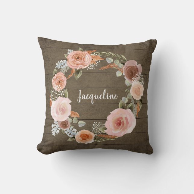 Rustic Wood BOHO Blush Peach Floral Wreath Girl Throw Pillow (Front)