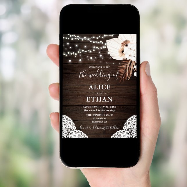 Rustic Wood Boho Dried Floral Wedding Invitation (Front Digital)