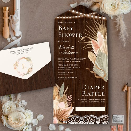 Rustic Wood Boho Dried Palm Pampas Baby Shower All In One Invitation
