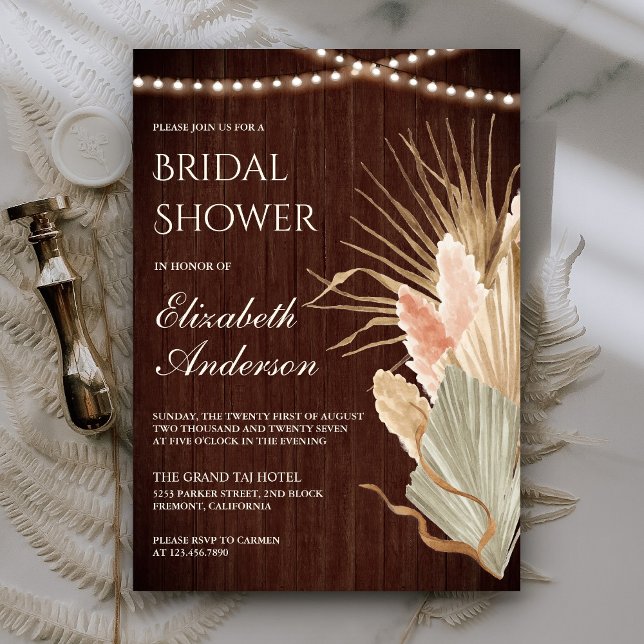 Rustic Wood Boho Dried Palm Pampas Bridal Shower Invitation (Creator Uploaded)