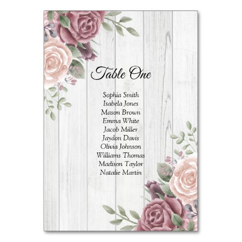 Rustic Wood Boho Dusty Rose Floral Table Number