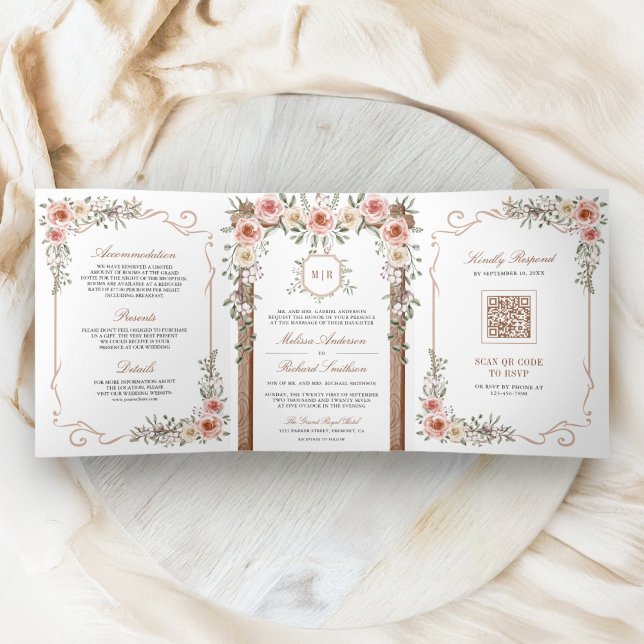 Rustic Wood Boho Floral All in One Canopy Wedding Tri-Fold Invitation (Creator Uploaded)