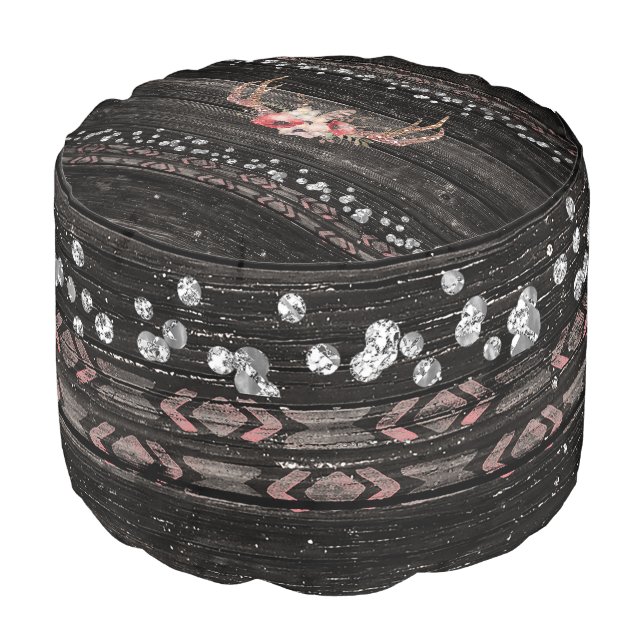 Rustic Wood & Boho Floral Antlers Pouf (Angled Front)