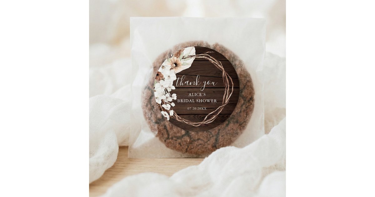 Rustic Wood Boho Floral Bridal Shower Classic Round Sticker | Zazzle