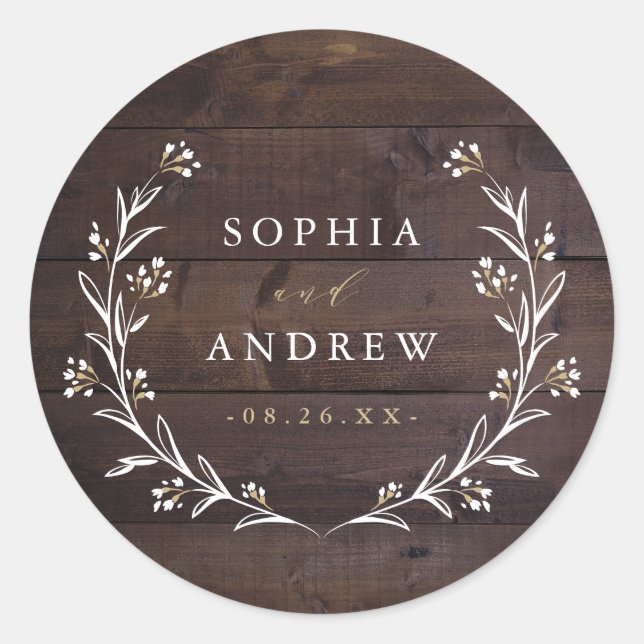Rustic Wood Boho Floral Country Wedding Favors Classic Round Sticker (Front)