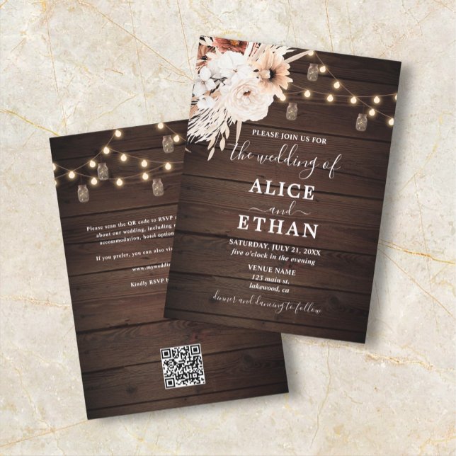 Rustic Wood Boho Floral Fall QR Code Wedding Invitation (Creator Uploaded)