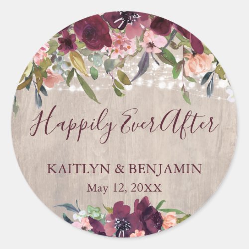 Rustic Wood Boho Floral Lights Happily Ever After Classic Round Sticker