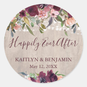 Rustic Wood Boho Floral Lights Happily Ever After Classic Round Sticker