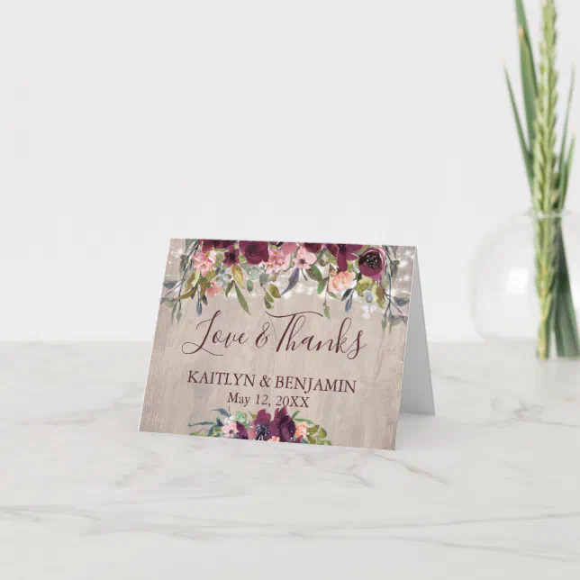 Rustic Wood Boho Floral Lights Love & Thanks Thank You Card | Zazzle